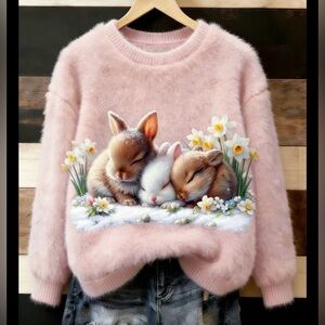 Pink Fuzzy Sweater with Sleeping Bunnies